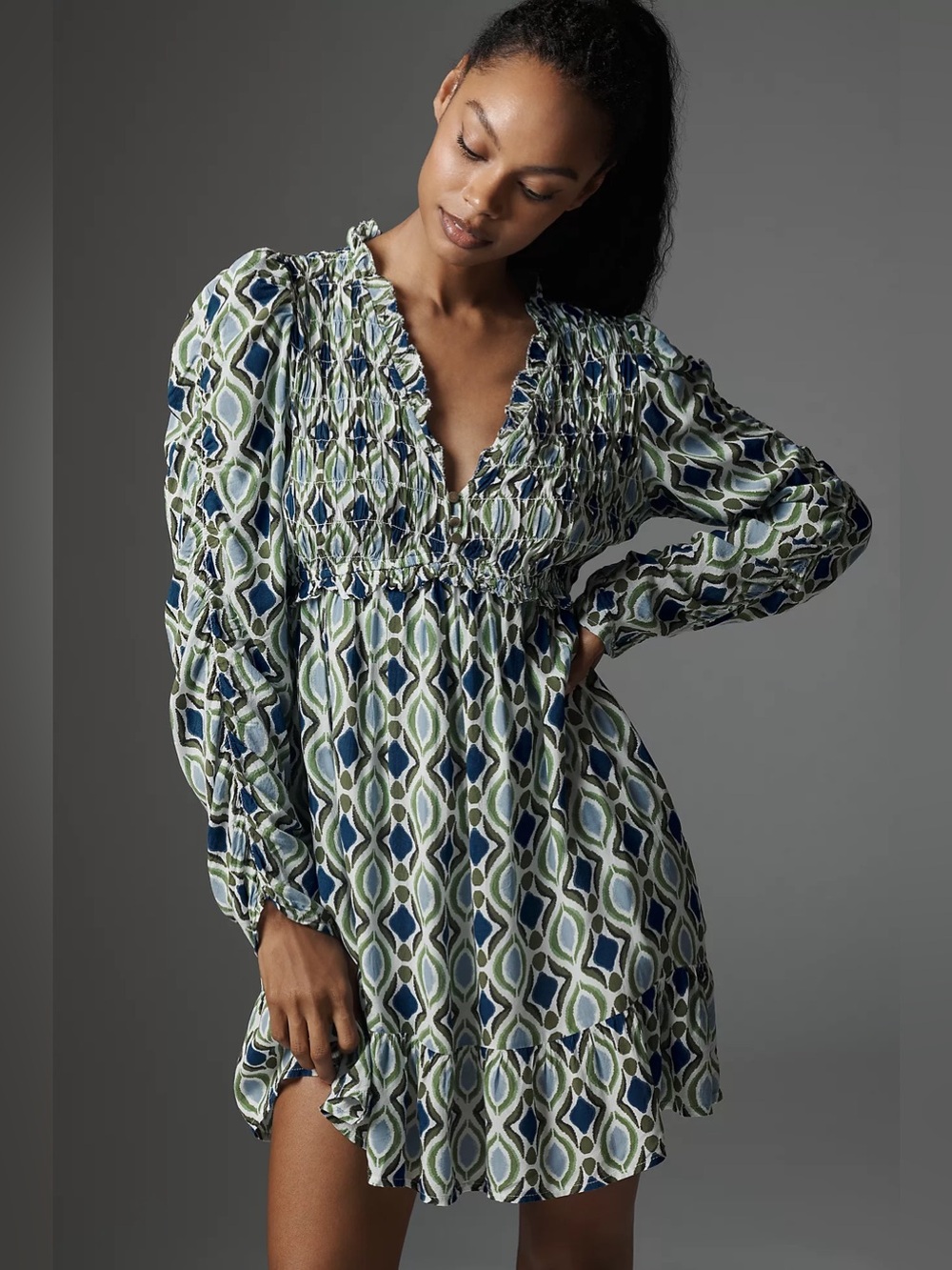 NWT By Anthropologie Long-Sleeve V-Neck Ruffle Mini Dress